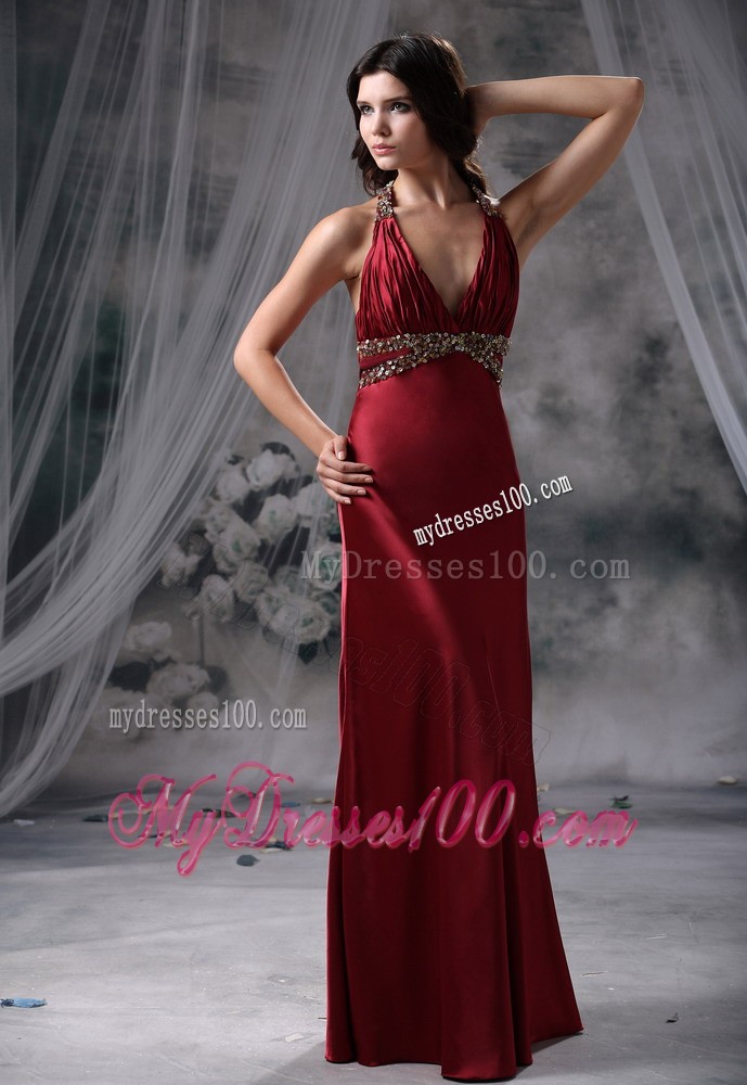 Halter Deep V-neck Beaded Prom Gown in Wine Red