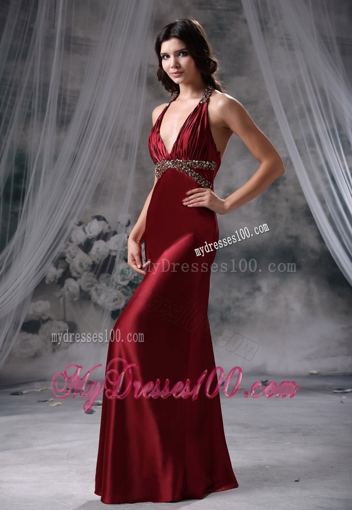 Halter Deep V-neck Beaded Prom Gown in Wine Red