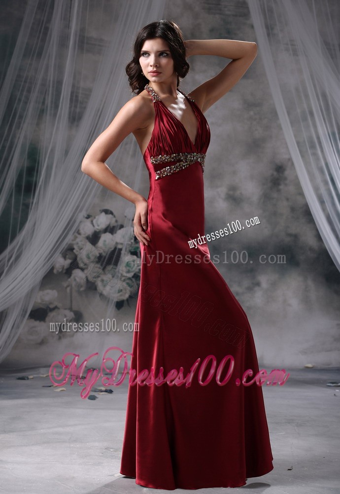 Halter Deep V-neck Beaded Prom Gown in Wine Red