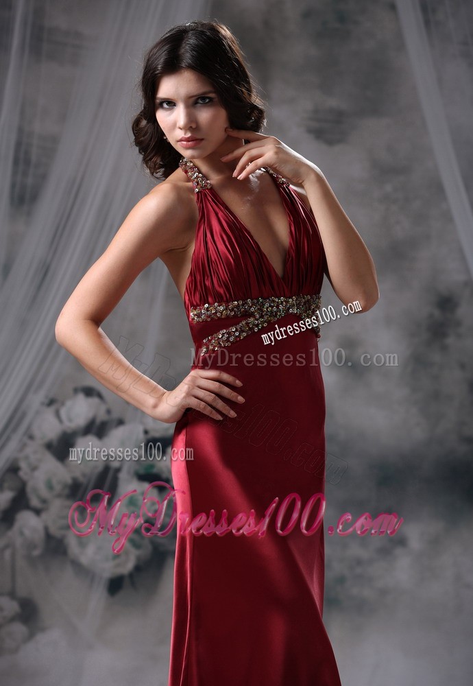 Halter Deep V-neck Beaded Prom Gown in Wine Red