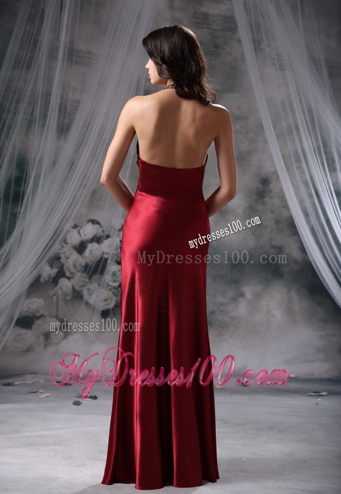 Halter Deep V-neck Beaded Prom Gown in Wine Red