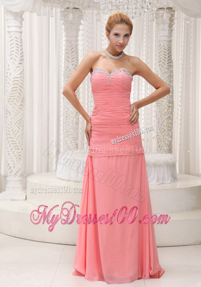 Ruching and Beading Decorated Sweep Train Prom Gown Made From Chiffon