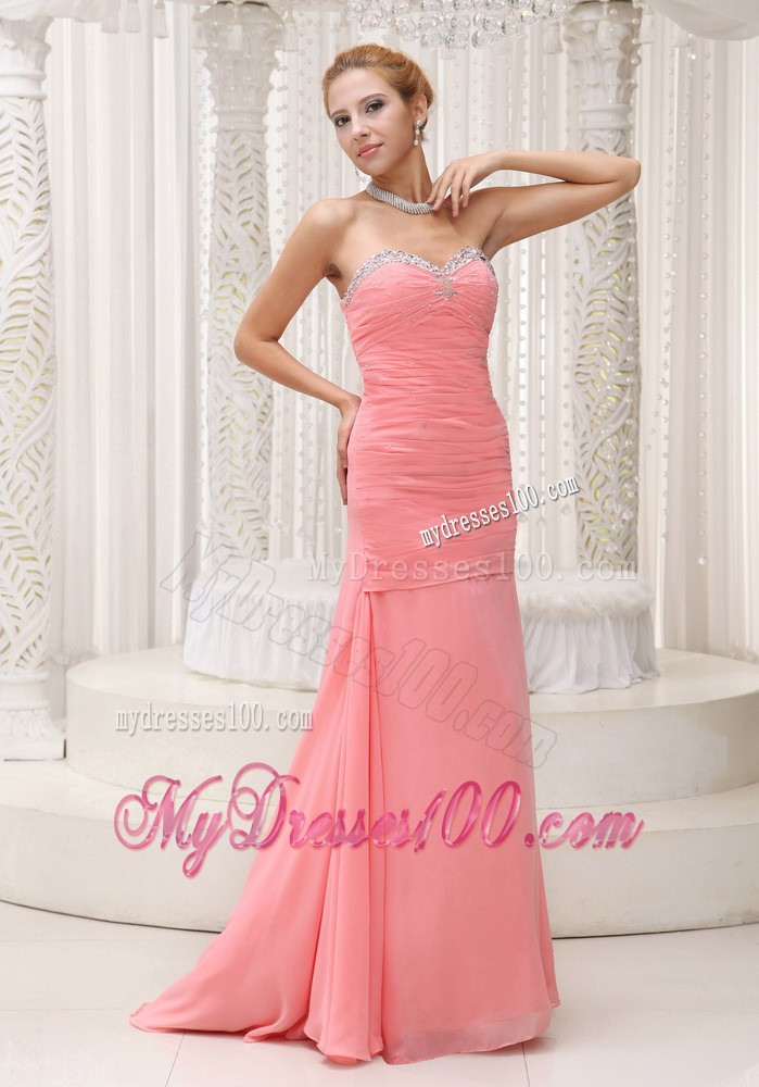 Ruching and Beading Decorated Sweep Train Prom Gown Made From Chiffon