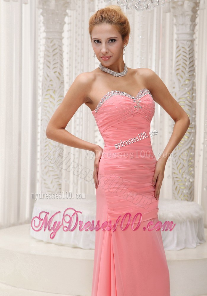 Ruching and Beading Decorated Sweep Train Prom Gown Made From Chiffon