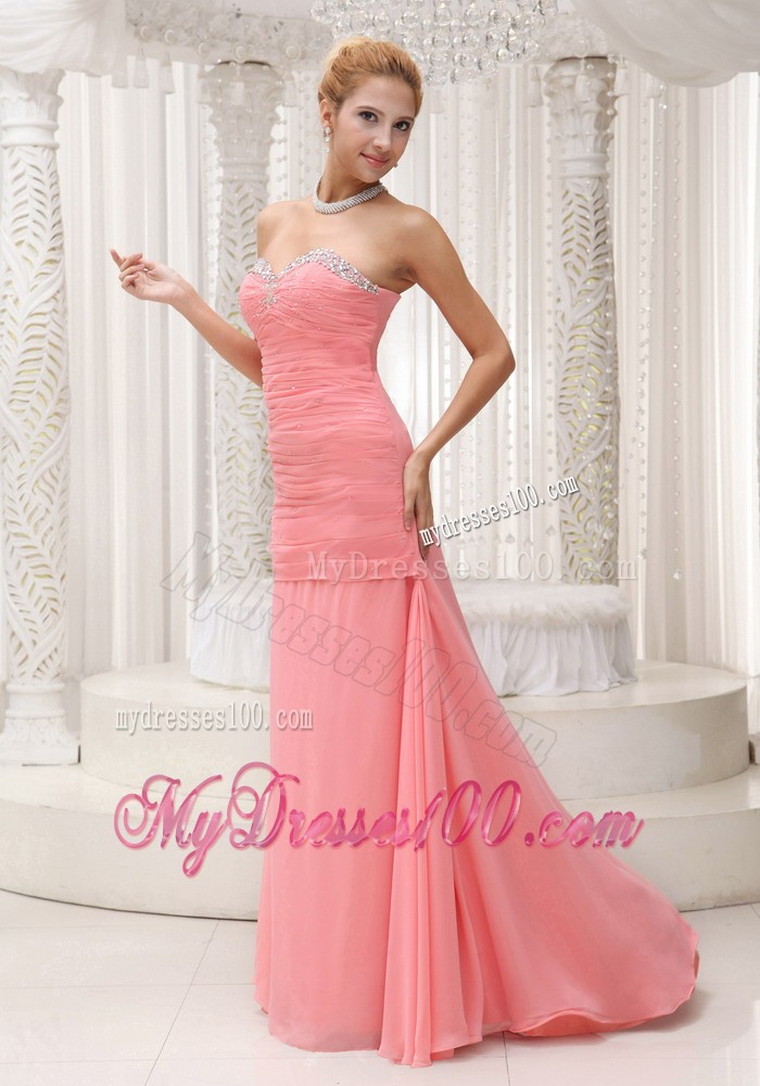 Ruching and Beading Decorated Sweep Train Prom Gown Made From Chiffon