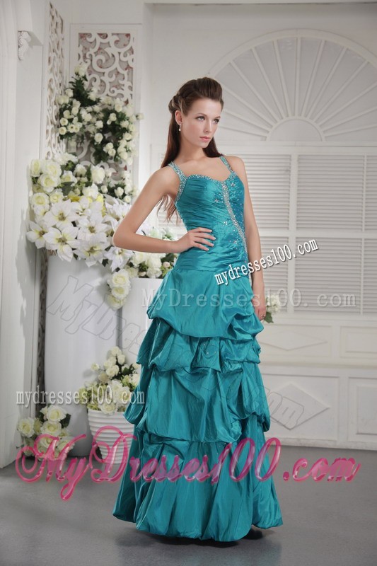 Ruffle Layers Beaded Prom Teal Party Dresses with Criss Cross Back