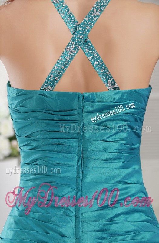 Ruffle Layers Beaded Prom Teal Party Dresses with Criss Cross Back