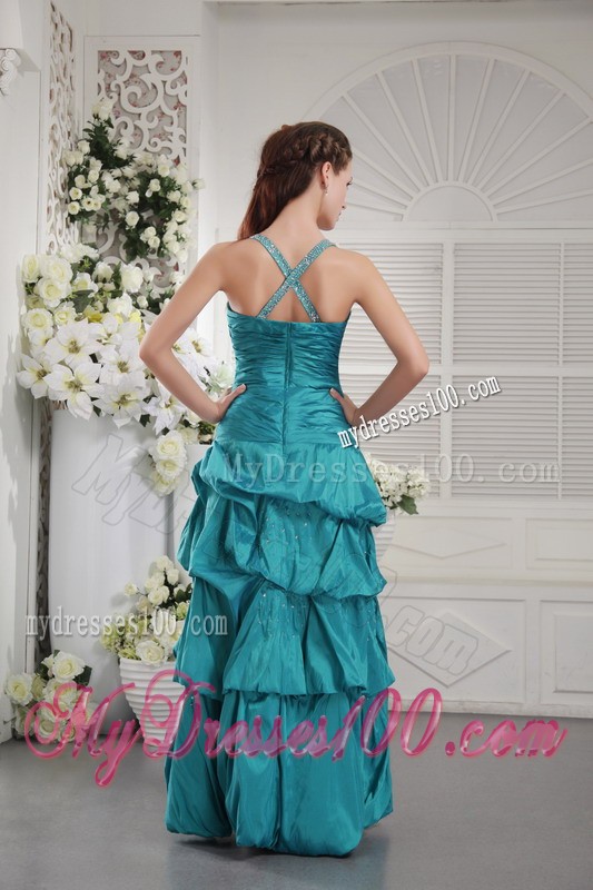 Ruffle Layers Beaded Prom Teal Party Dresses with Criss Cross Back