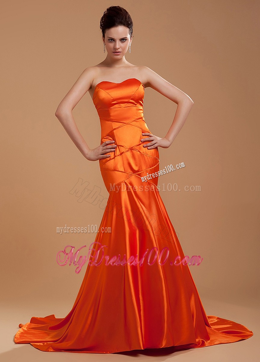 Luxurious Mermaid Prom Gowns in Orange with Chapel Train