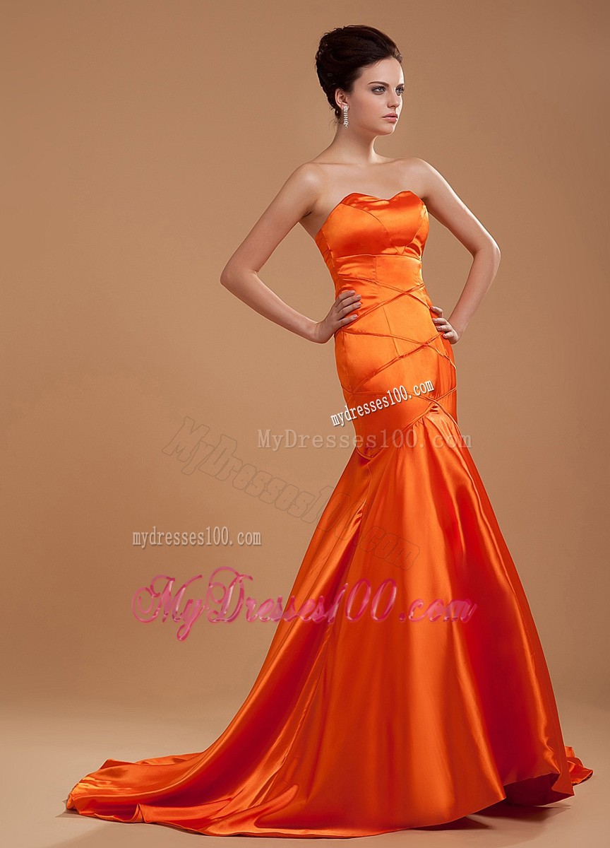 Luxurious Mermaid Prom Gowns in Orange with Chapel Train
