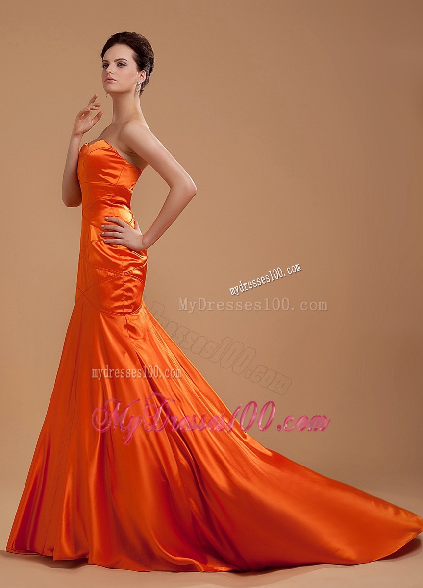 Luxurious Mermaid Prom Gowns in Orange with Chapel Train