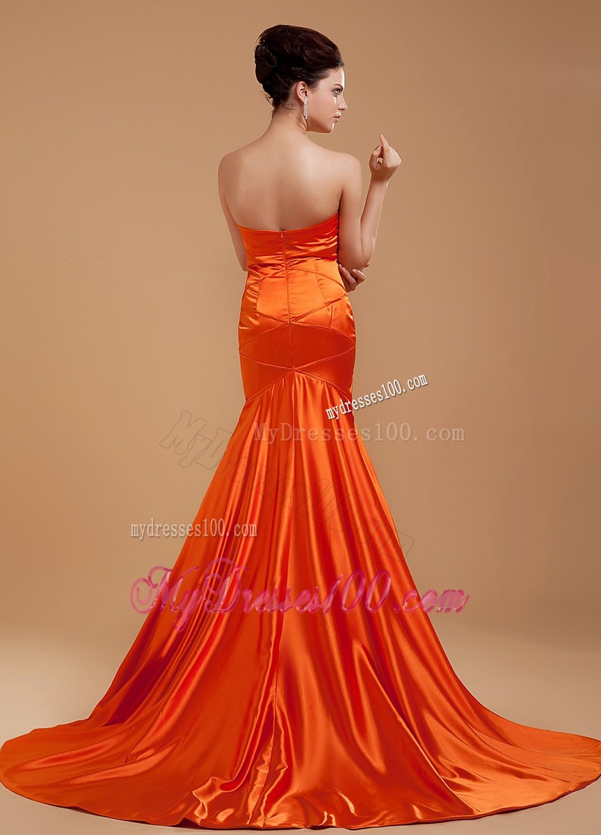 Luxurious Mermaid Prom Gowns in Orange with Chapel Train