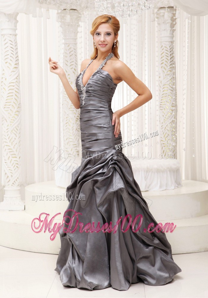 Beading Decorated Halter Top Prom Gown with Ruche and Pick-ups