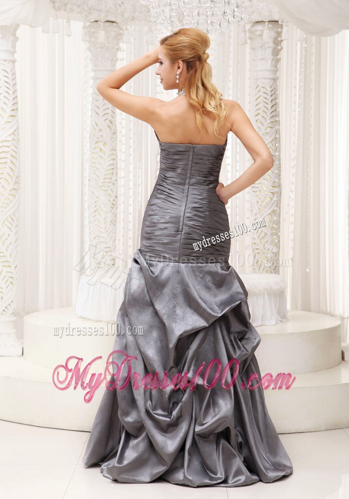 Beading Decorated Halter Top Prom Gown with Ruche and Pick-ups