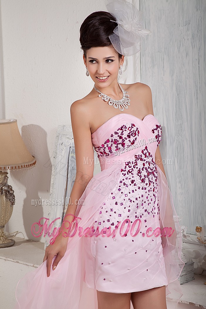 Mini-length High-low Beaded Prom Gown in Baby Pink