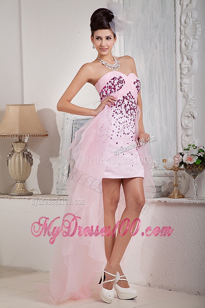 Mini-length High-low Beaded Prom Gown in Baby Pink