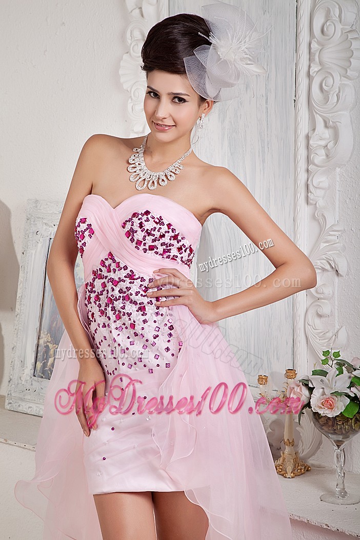 Mini-length High-low Beaded Prom Gown in Baby Pink