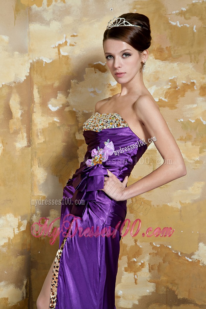 Flower and Side Slit Decorate Prom Gown in Eggplant Purple
