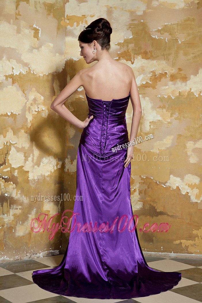 Flower and Side Slit Decorate Prom Gown in Eggplant Purple