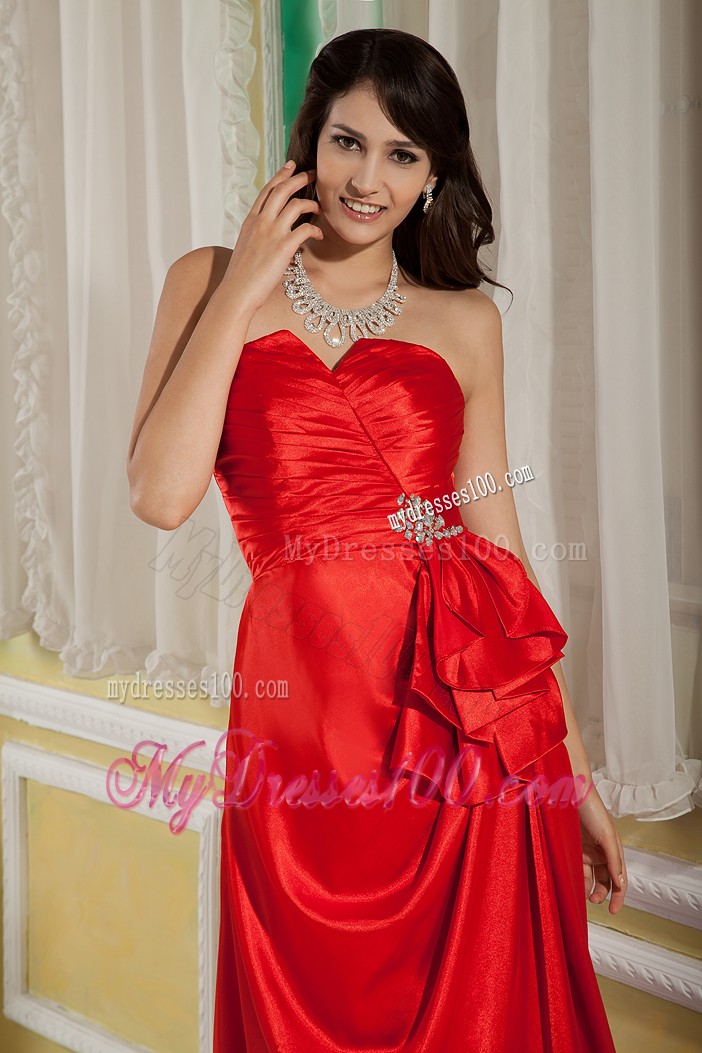 Ruching and Beading Decorated Prom Gown with Brush Train and Half Bow Accents
