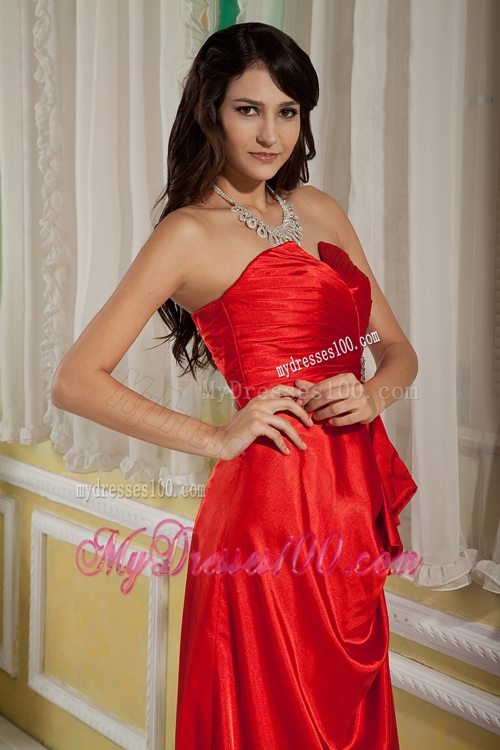 Ruching and Beading Decorated Prom Gown with Brush Train and Half Bow Accents