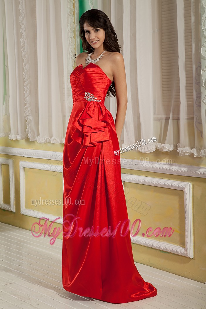 Ruching and Beading Decorated Prom Gown with Brush Train and Half Bow Accents