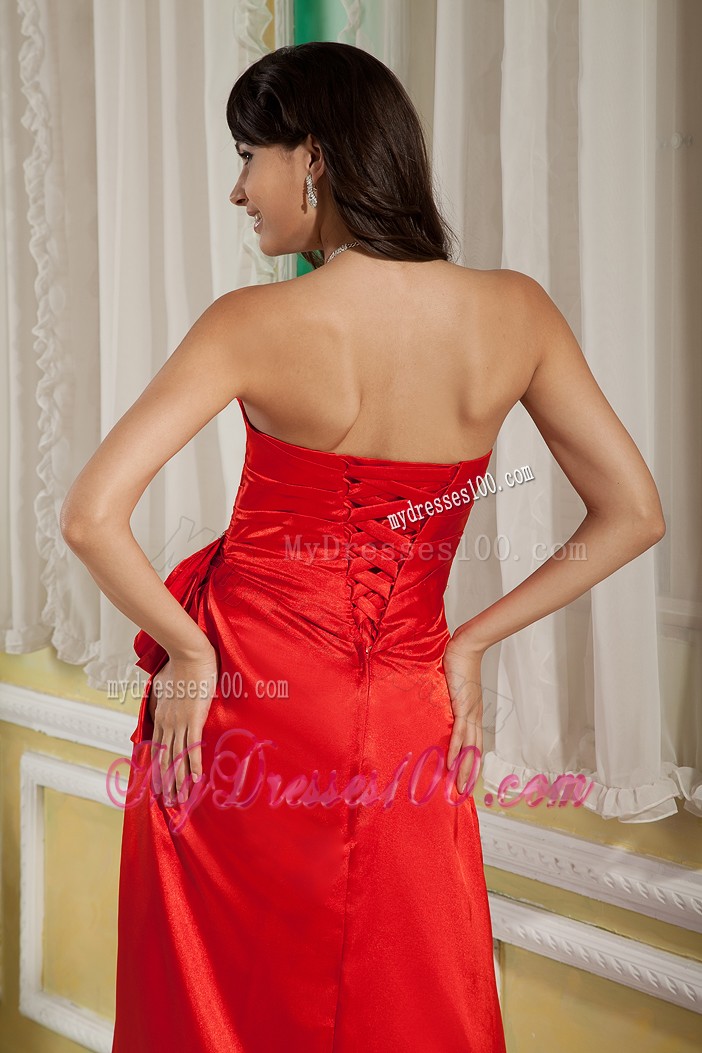 Ruching and Beading Decorated Prom Gown with Brush Train and Half Bow Accents