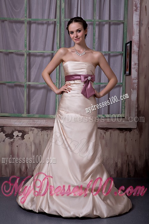 Bowknot Sash and Brush Train Decorate Champagne Prom Gown
