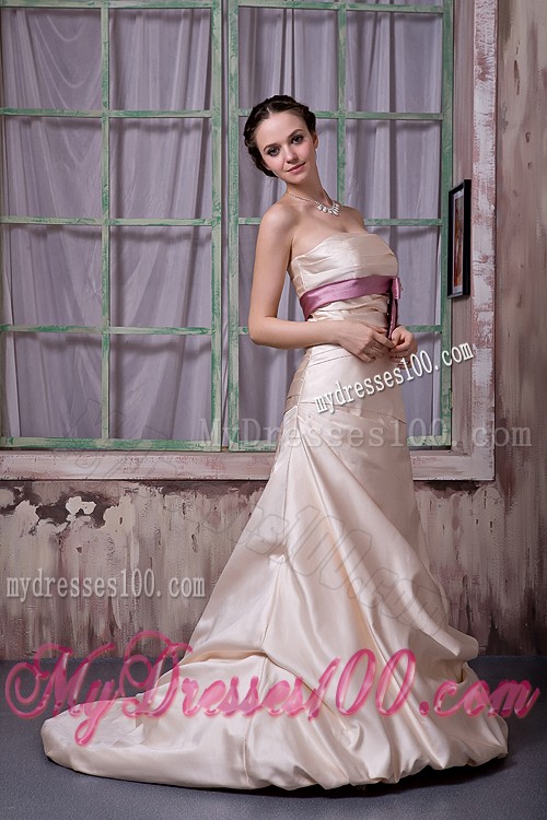 Bowknot Sash and Brush Train Decorate Champagne Prom Gown