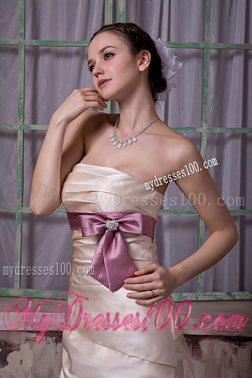 Bowknot Sash and Brush Train Decorate Champagne Prom Gown