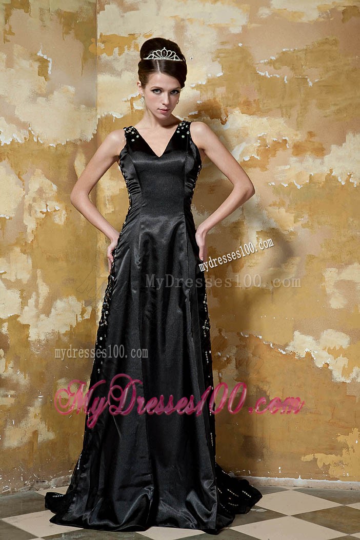 Modest V-neck Black Prom Gown with Beading and Brush Train