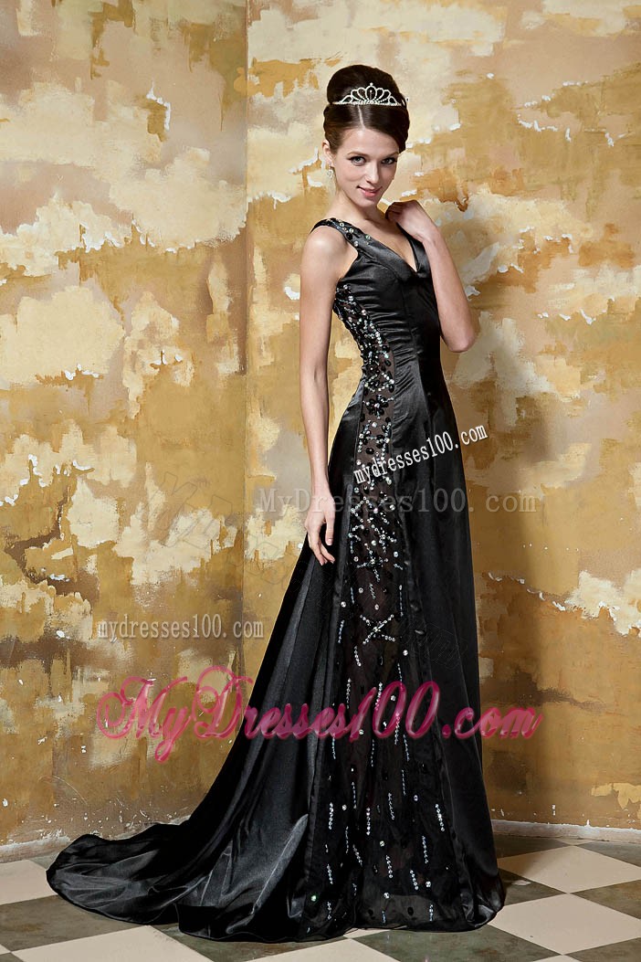 Modest V-neck Black Prom Gown with Beading and Brush Train
