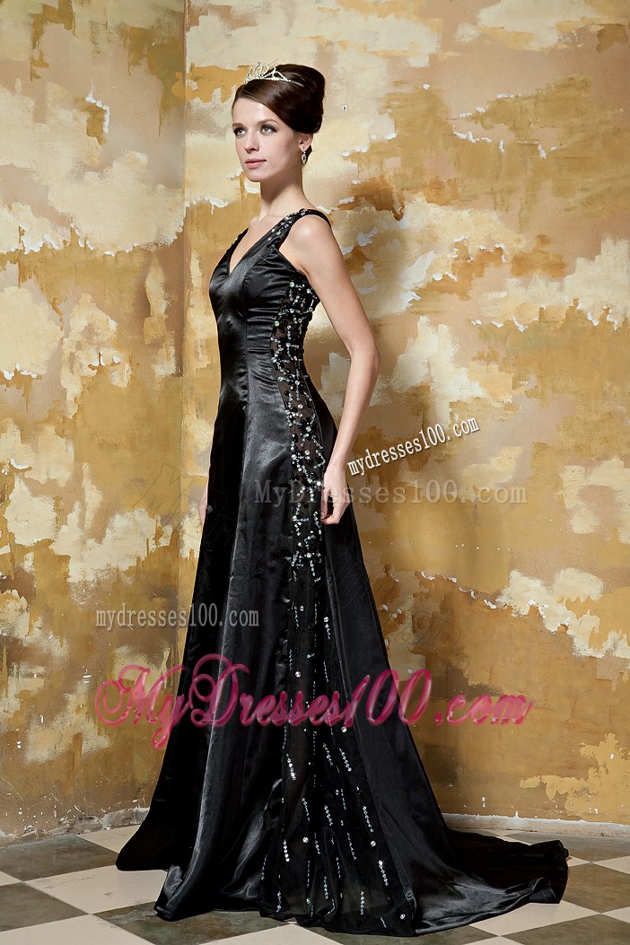 Modest V-neck Black Prom Gown with Beading and Brush Train