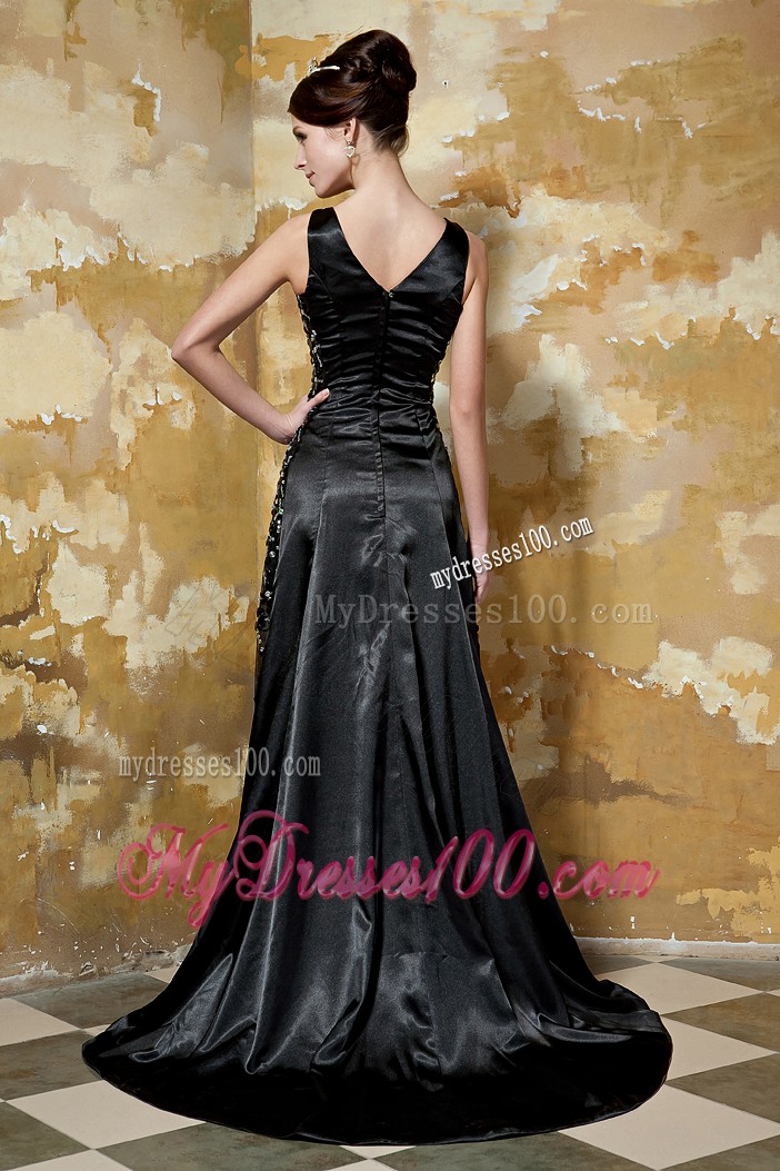 Modest V-neck Black Prom Gown with Beading and Brush Train