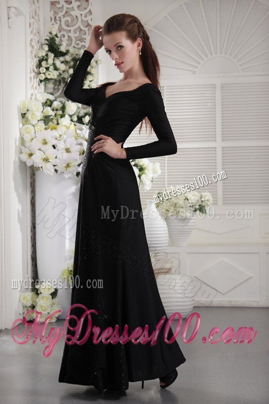 Black Long Sleeve V-neck Off-the-shoulder Prom Dress with Ruche