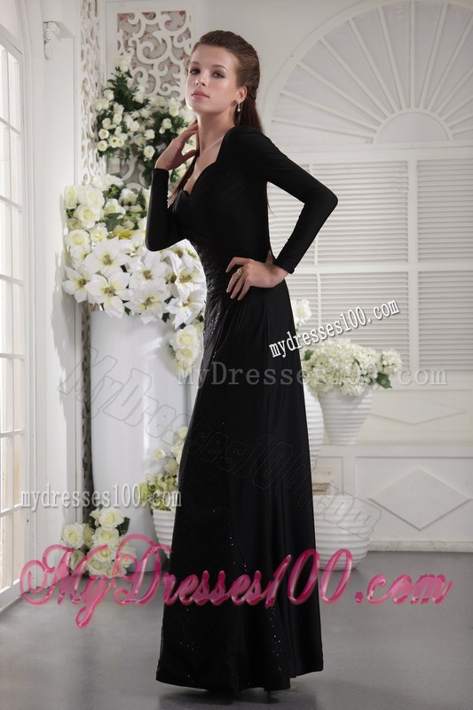 Black Long Sleeve V-neck Off-the-shoulder Prom Dress with Ruche
