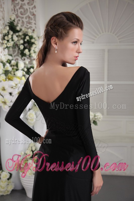 Black Long Sleeve V-neck Off-the-shoulder Prom Dress with Ruche