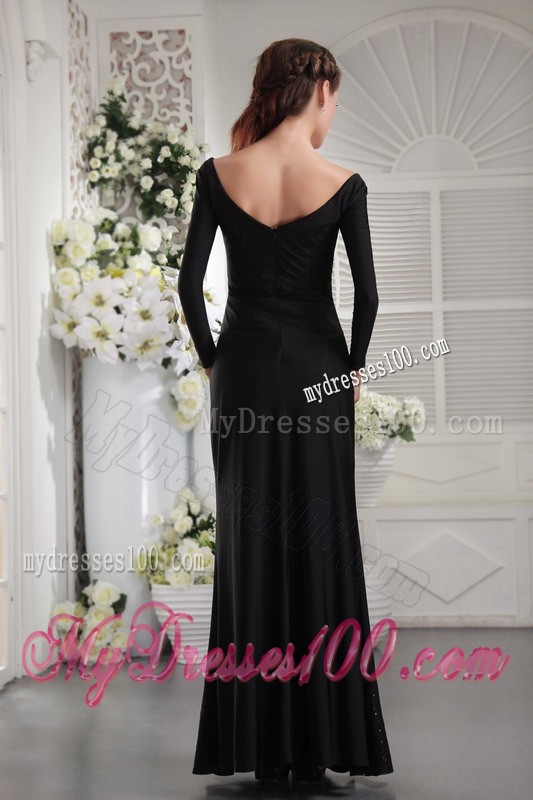 Black Long Sleeve V-neck Off-the-shoulder Prom Dress with Ruche