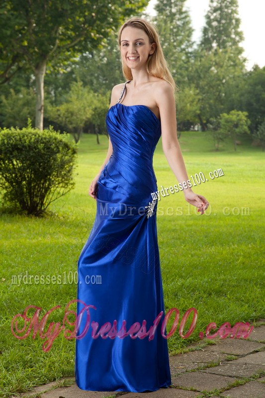 High-class One Shoulder Beaded Blue Prom Dresses Floor Length