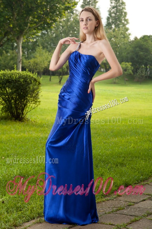 High-class One Shoulder Beaded Blue Prom Dresses Floor Length