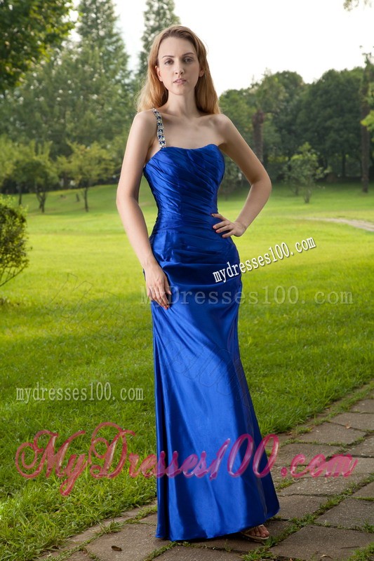 High-class One Shoulder Beaded Blue Prom Dresses Floor Length