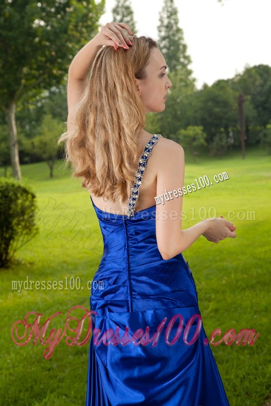 High-class One Shoulder Beaded Blue Prom Dresses Floor Length