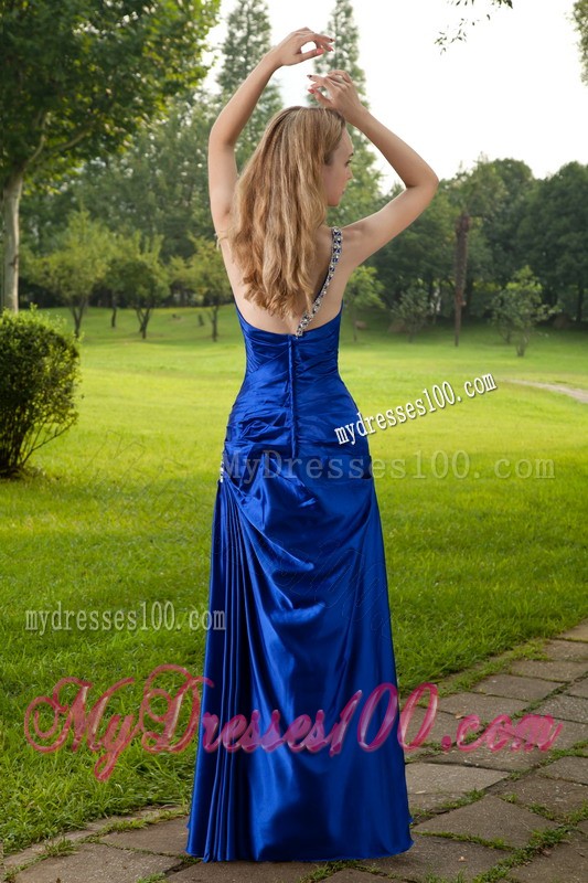 High-class One Shoulder Beaded Blue Prom Dresses Floor Length