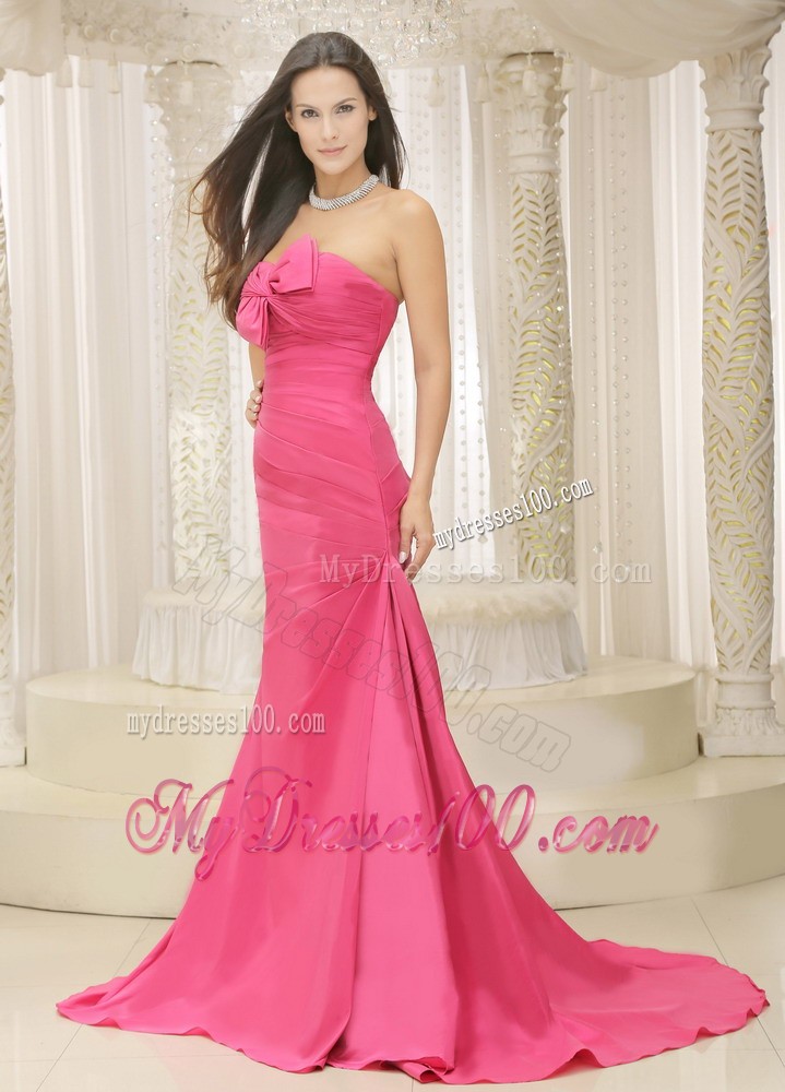 Lace-up back Ruched Prom Dresses with Bowknot and Court Train