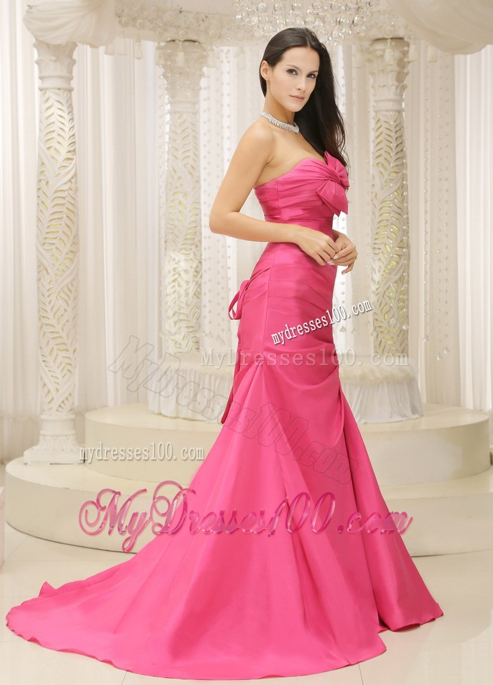 Lace-up back Ruched Prom Dresses with Bowknot and Court Train