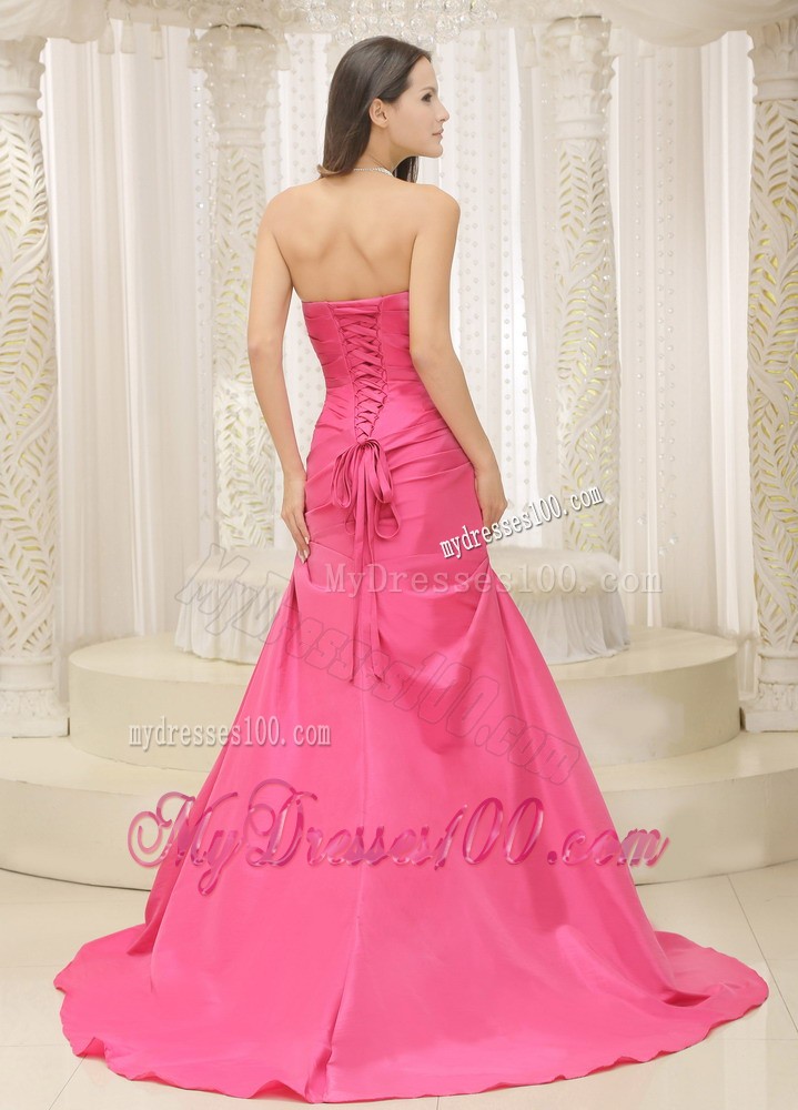Lace-up back Ruched Prom Dresses with Bowknot and Court Train