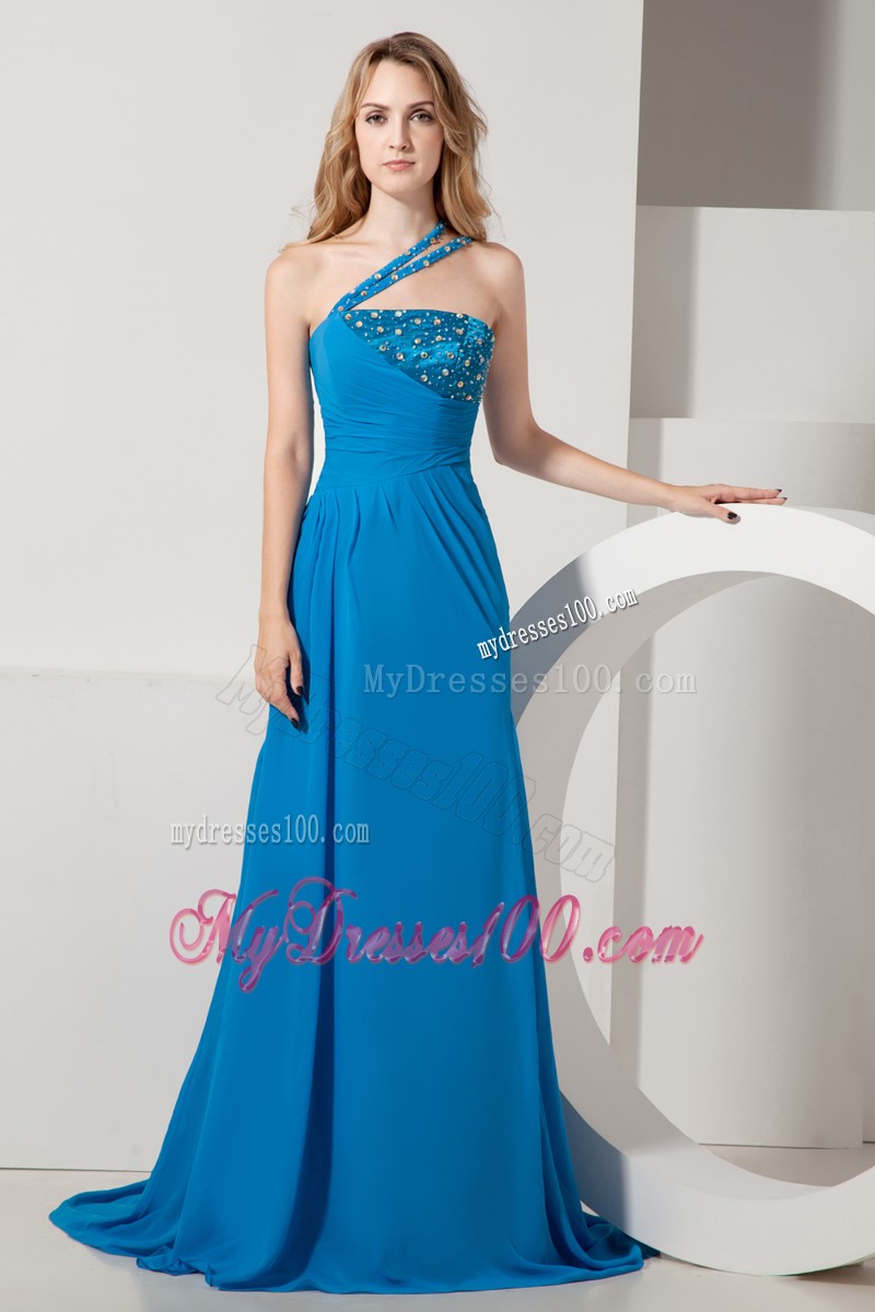 Blue A-line One Shoulder Brush Train Chiffon Beading Prom Dress