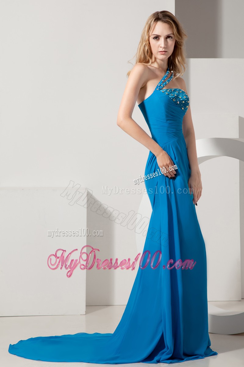 Blue A-line One Shoulder Brush Train Chiffon Beading Prom Dress