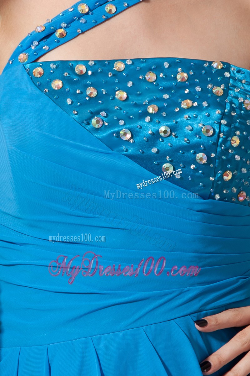 Blue A-line One Shoulder Brush Train Chiffon Beading Prom Dress