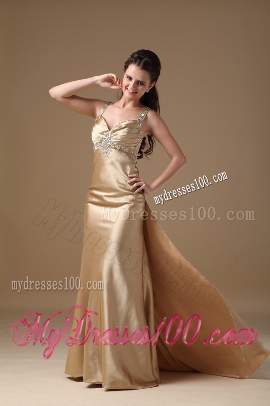 Champagne Prom Gown with Beading and Criss-cross Back